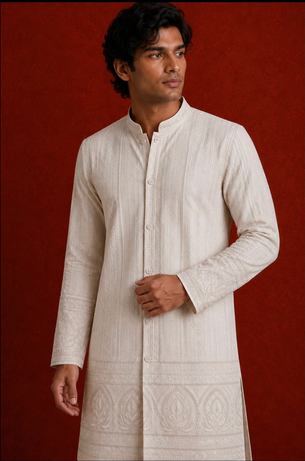 Men's ivory embroidered georgette kurta - close-up front view